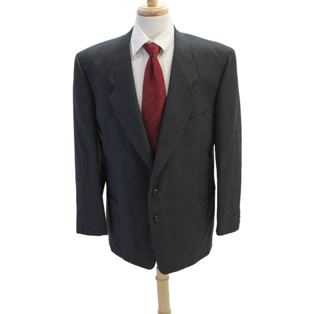 Mani Mens Plaid Two Wide Lapel Button Blazer Jacket Black Wool Size 44 Regular